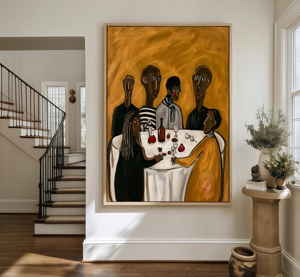 The Second Bottle framed canvas in an entryway by the stairs
