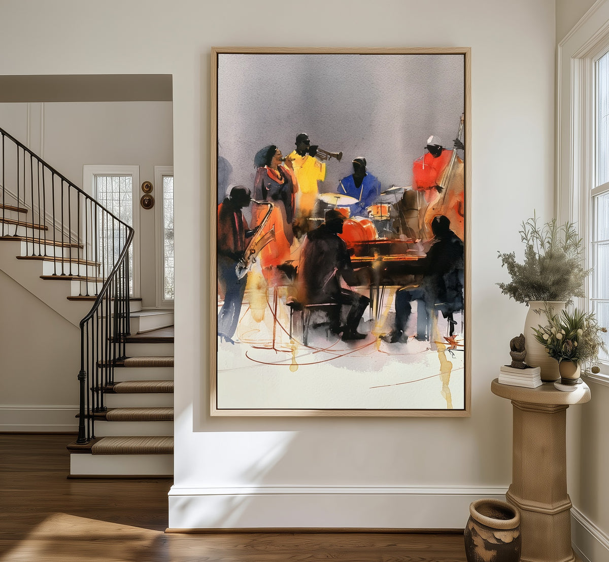 The Late Set framed canvas in an entryway by the stairs