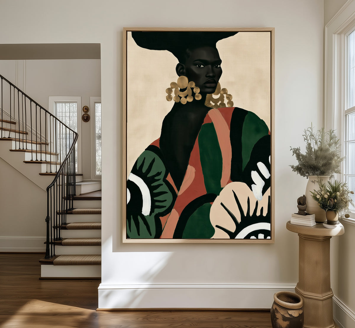 Gold Resonance framed canvas in an entryway by the stairs