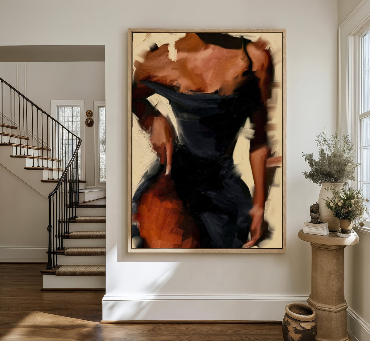 Fleeting framed canvas in an entryway by the stairs