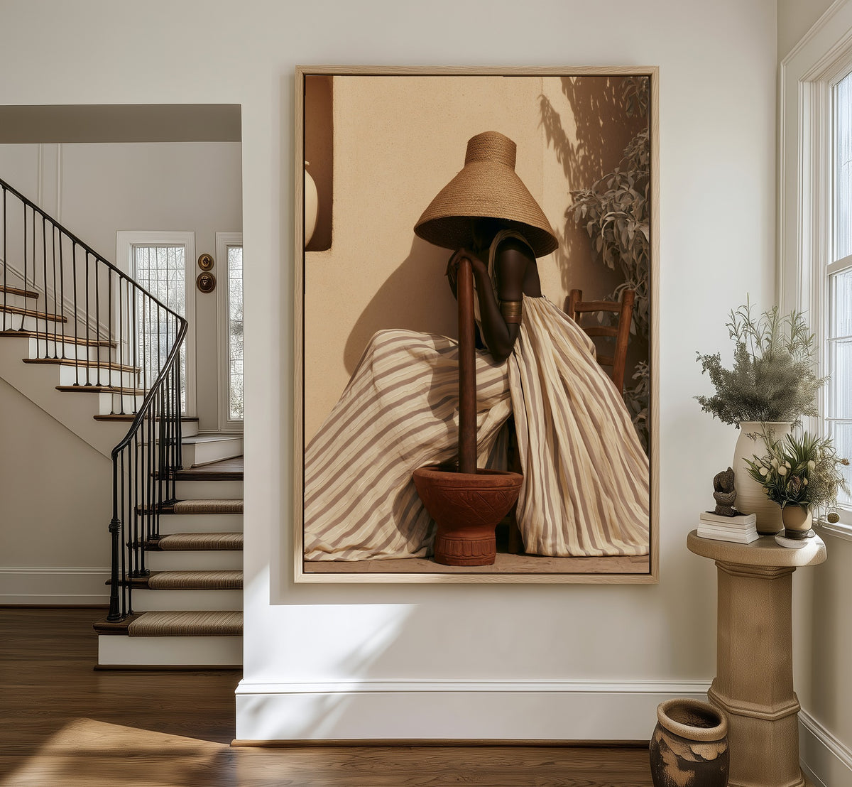 Afternoon at the Mortar framed canvas in an entryway by the stairs