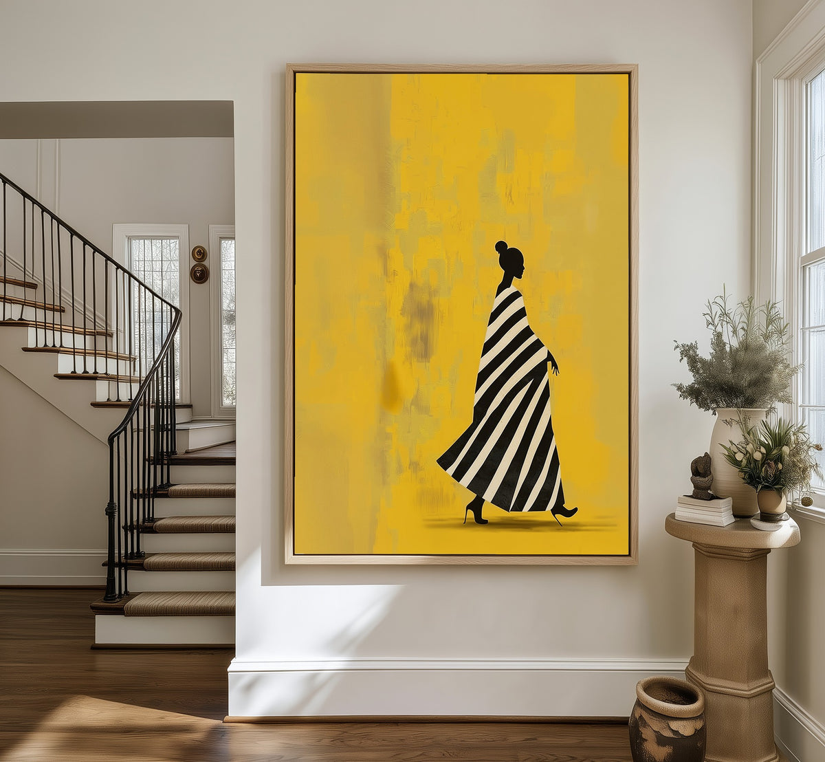 Forward Motion framed canvas in an entryway by the stairs