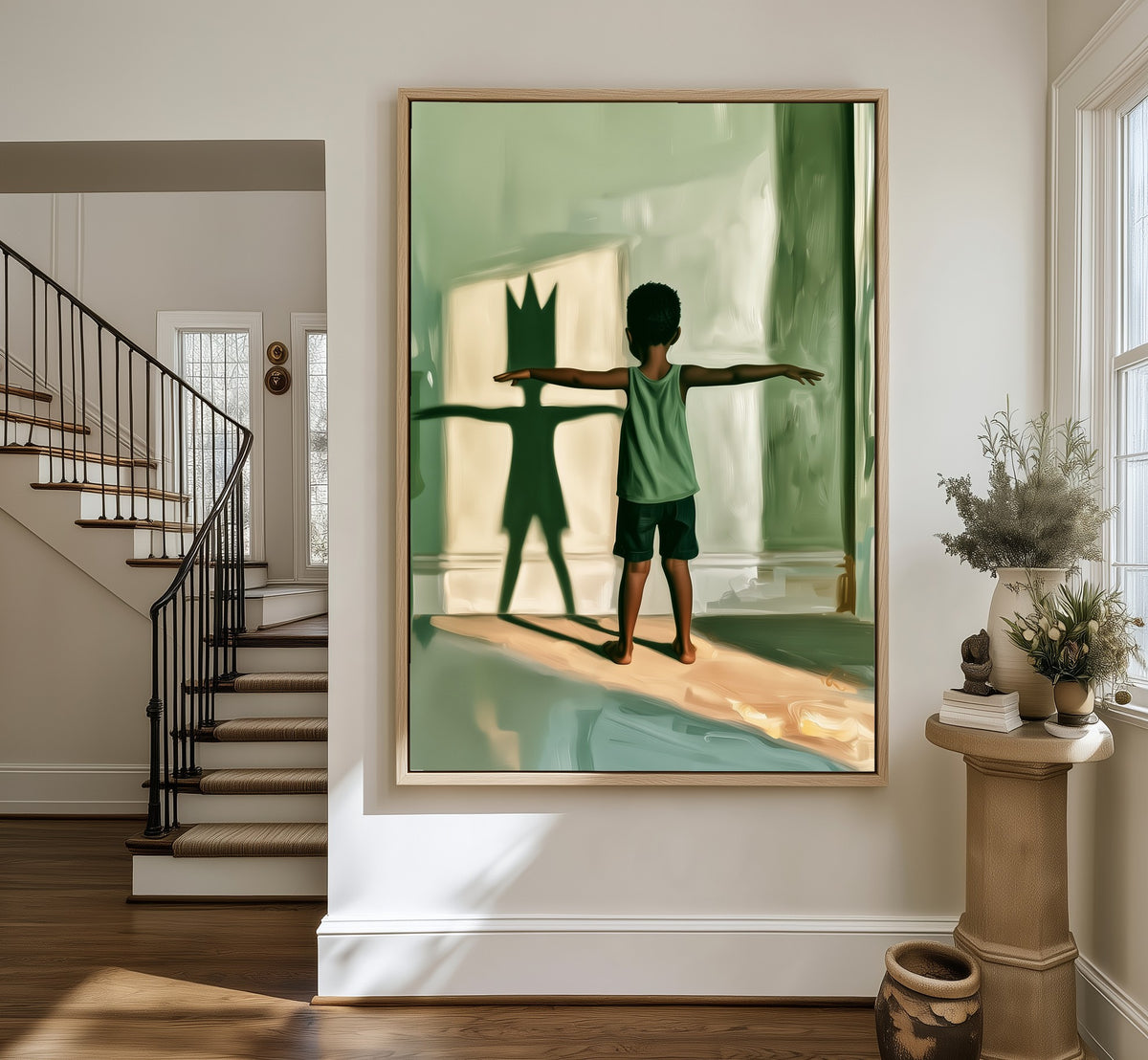 Wings at Noon framed canvas in an entryway by the stairs