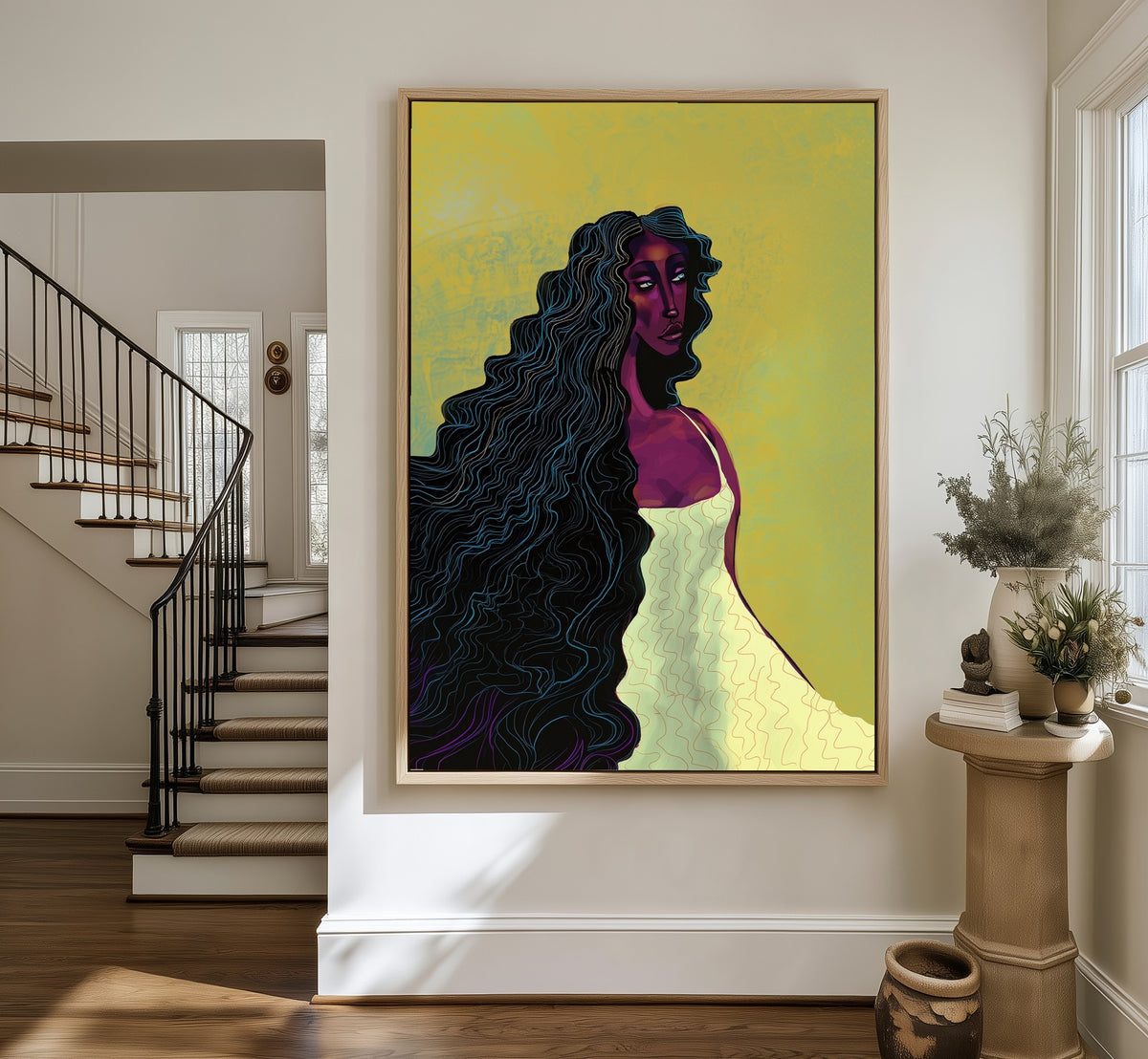 Undertow framed canvas in an entryway by the stairs