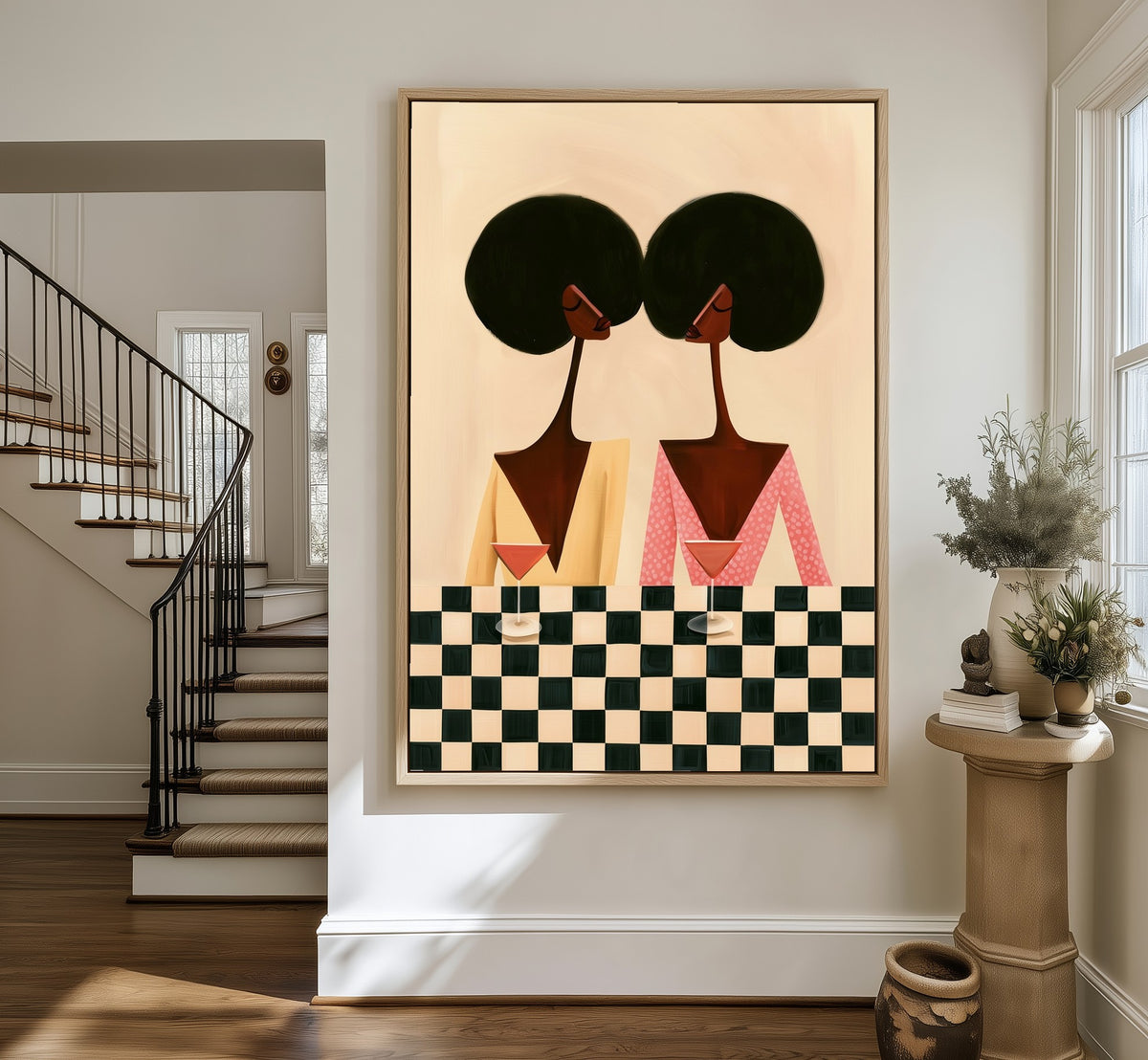 The Checkered Table framed canvas in an entryway by the stairs