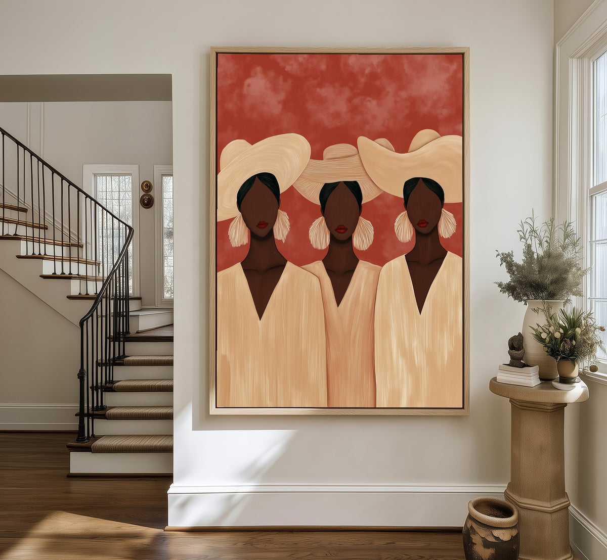Summer Trio framed canvas in an entryway by the stairs