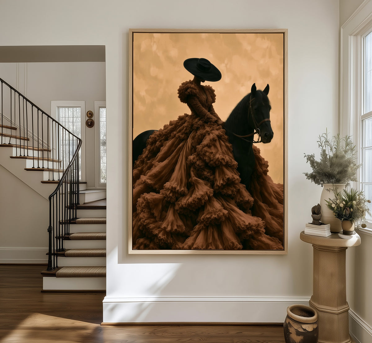 Lady with a Horse framed canvas in an entryway by the stairs