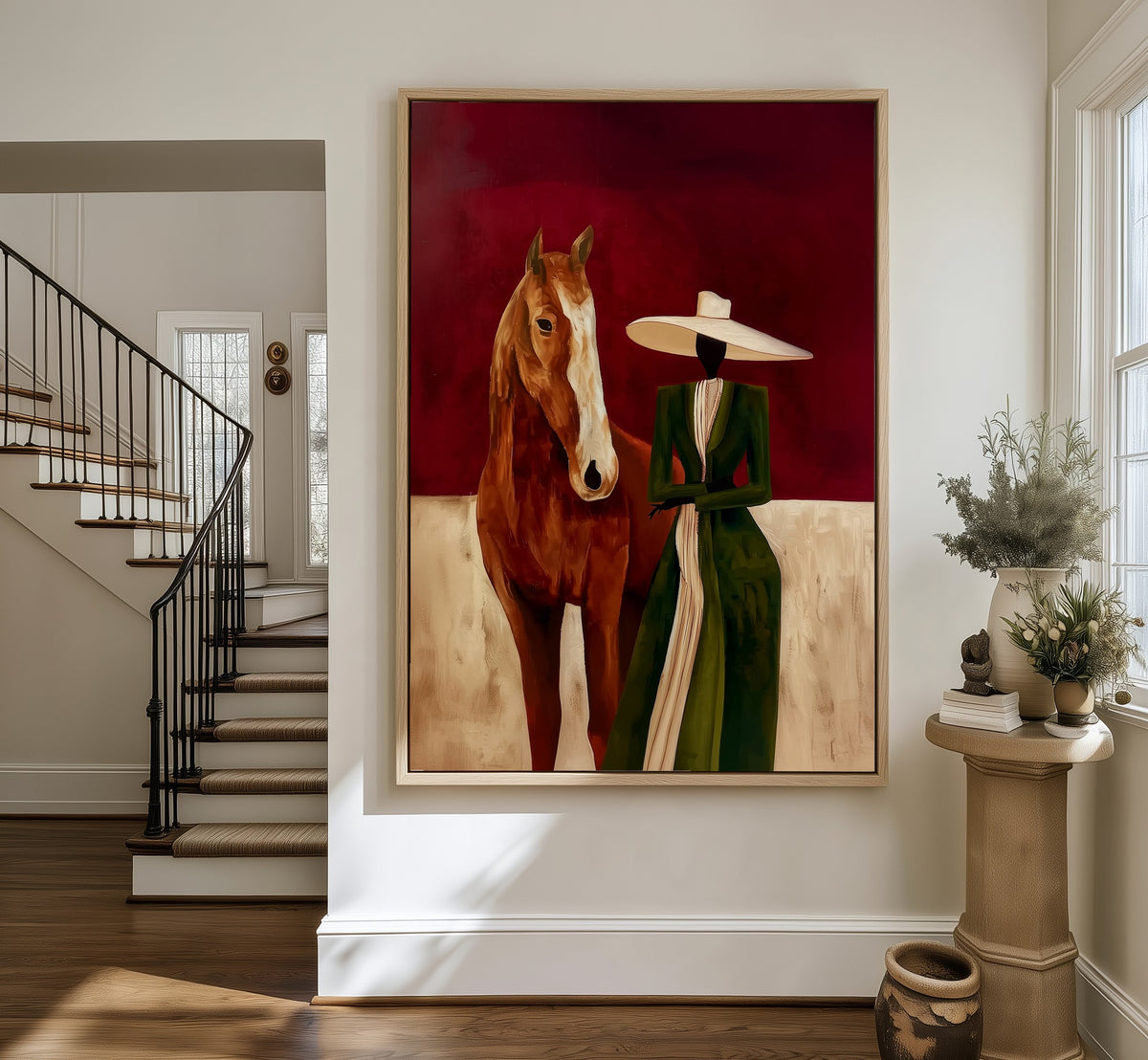 The Chestnut Horse framed canvas in an entryway by the stairs