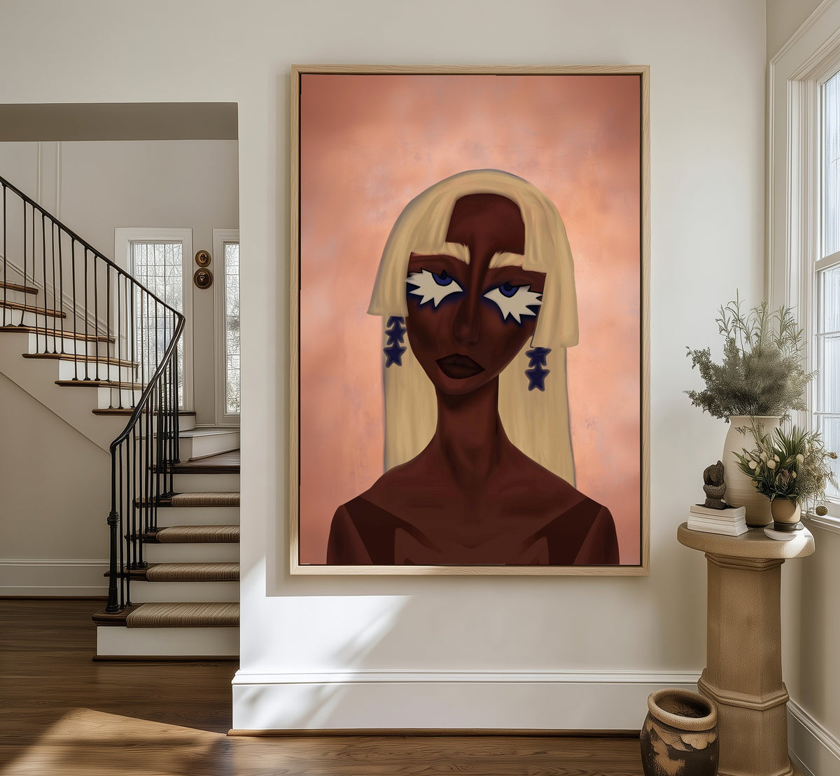 Woman with Painted Stars framed canvas in an entryway by the stairs