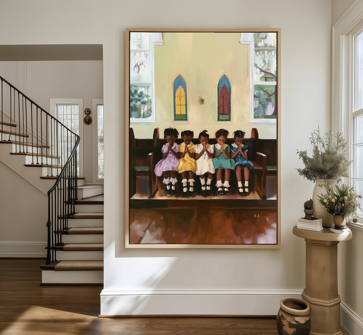 Sunday Pew framed canvas in an entryway by the stairs