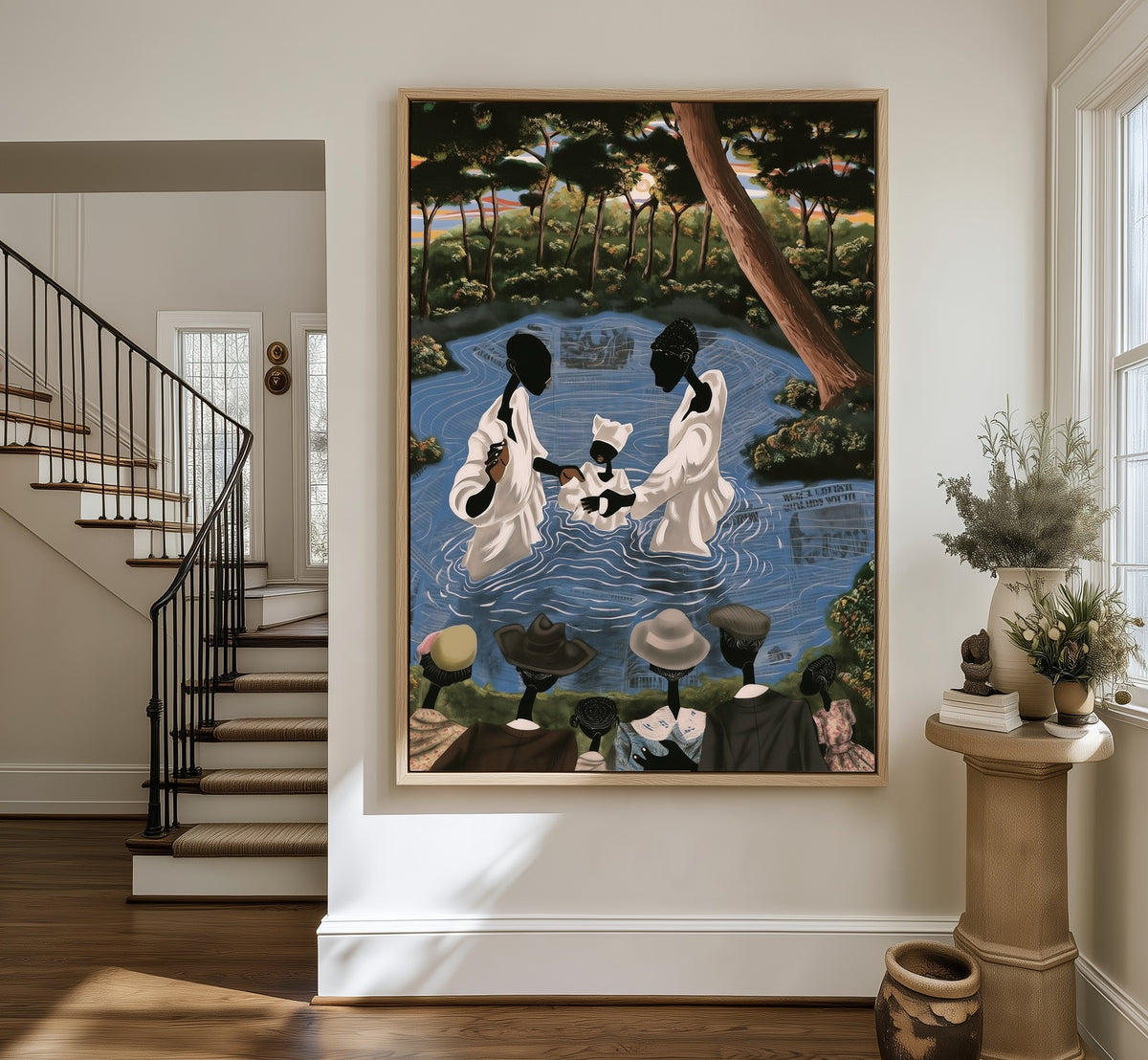 The River Baptism framed canvas in an entryway by the stairs