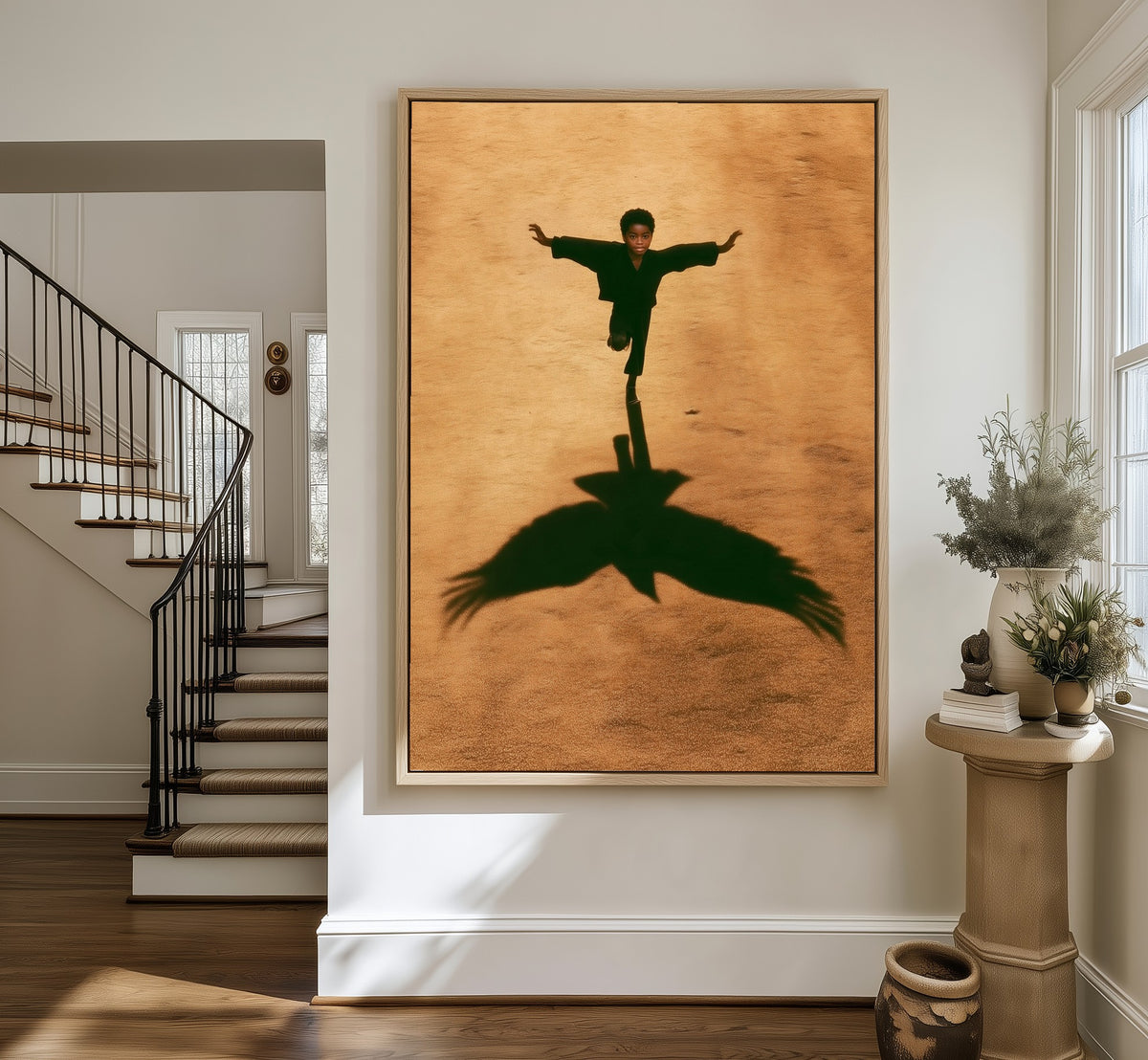 First Flight framed canvas in an entryway by the stairs