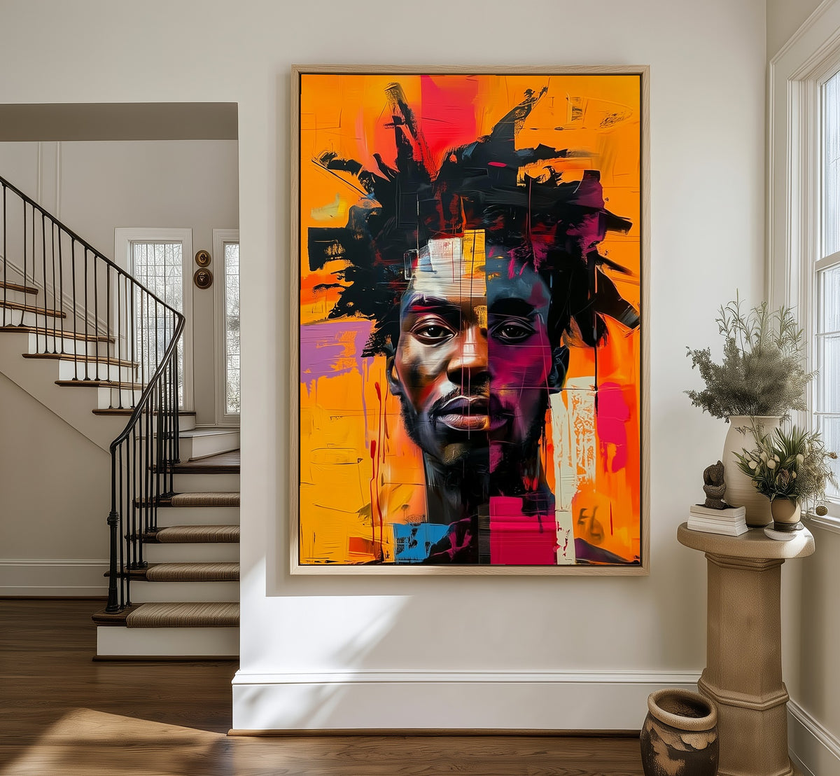 Loud Crown framed canvas in an entryway by the stairs