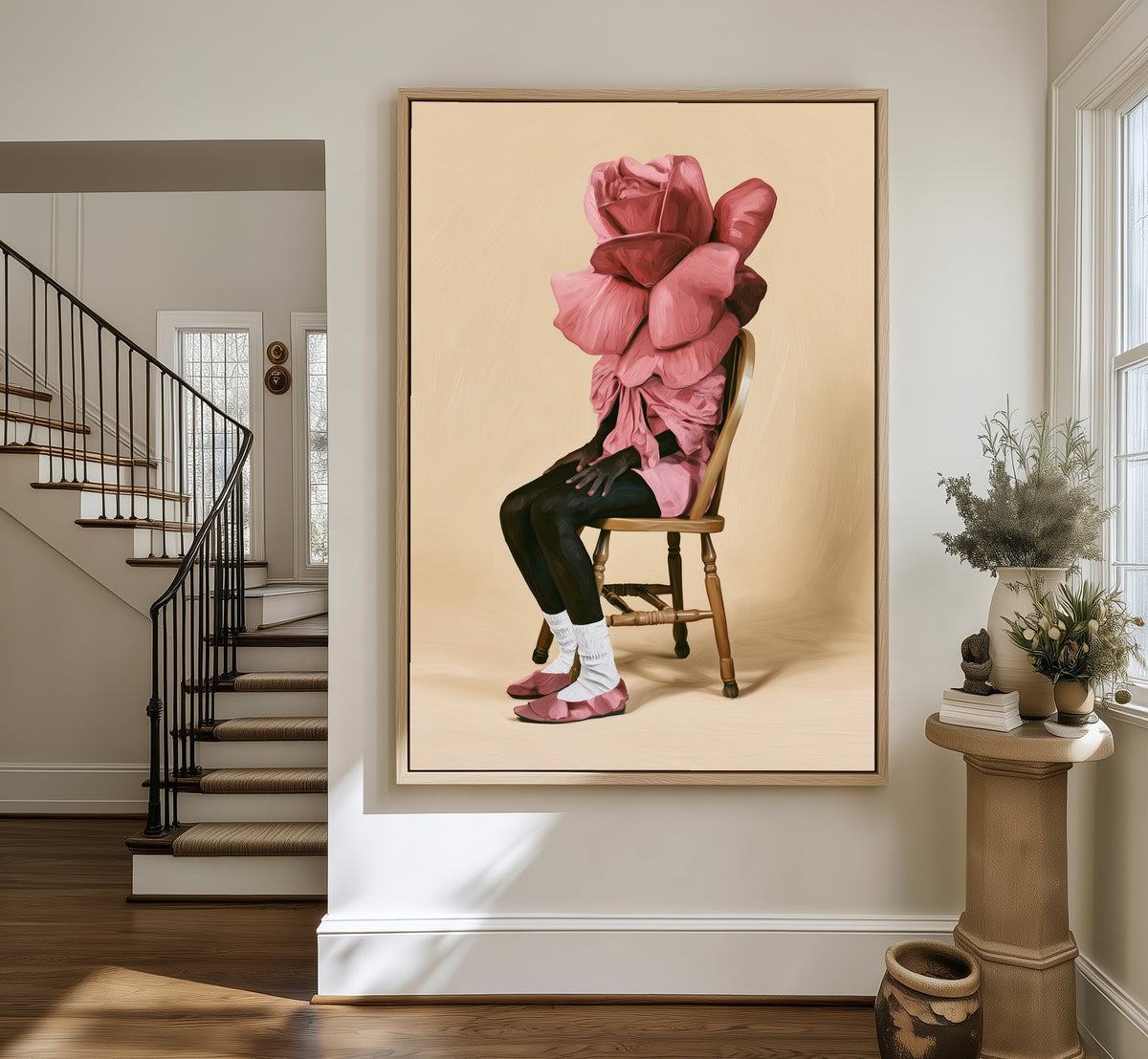 Rose Reverie framed canvas in an entryway by the stairs
