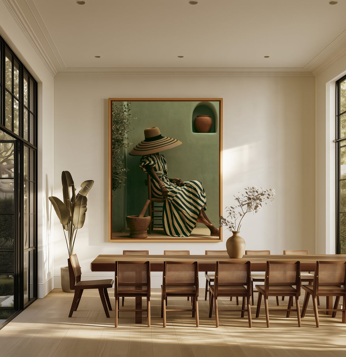 The Striped Hat canvas above an oak dining table