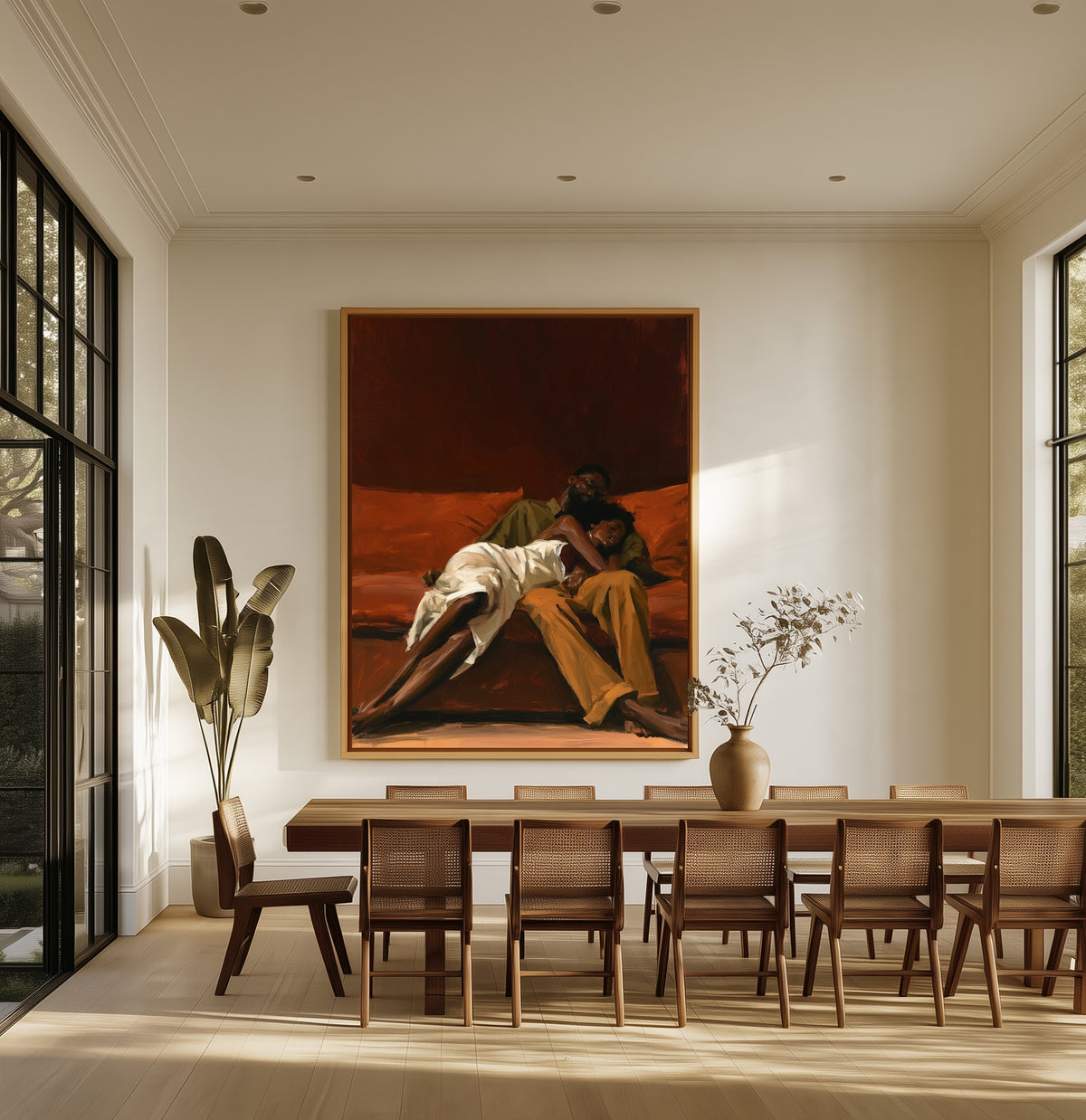 After Hours canvas above an oak dining table
