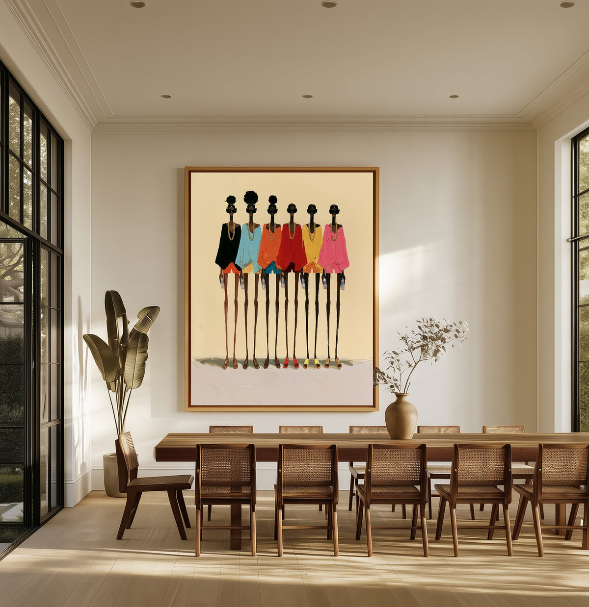 Six Sisters canvas above an oak dining table