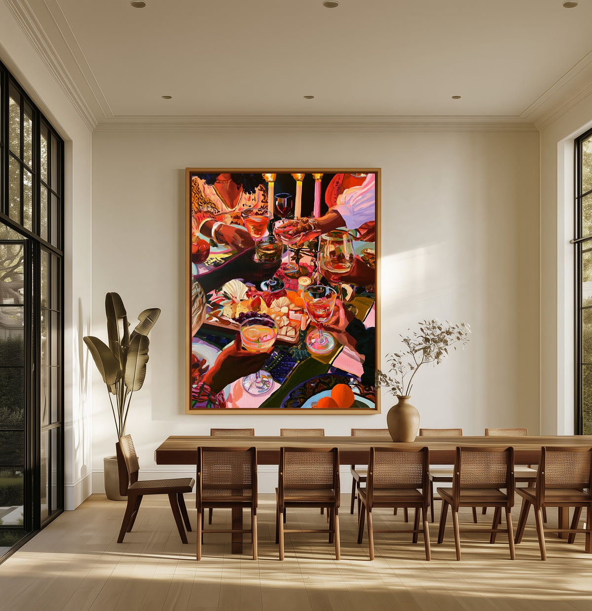 Candles and Company canvas above an oak dining table