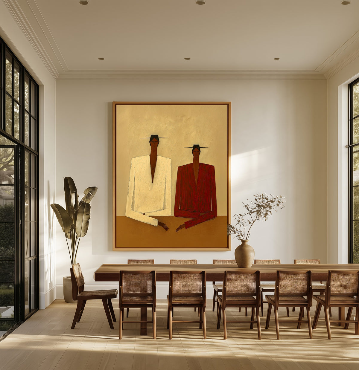 An Afternoon Sitting canvas above an oak dining table
