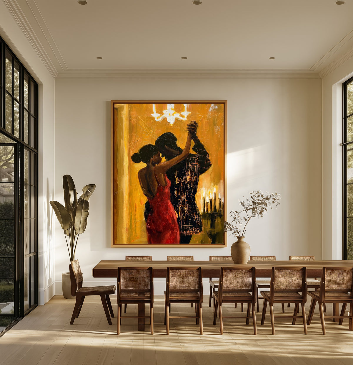 Candlelit Tango canvas above an oak dining table
