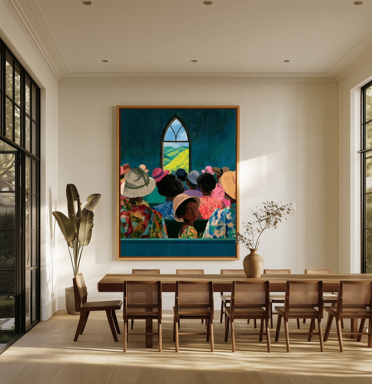 Morning Service canvas above an oak dining table