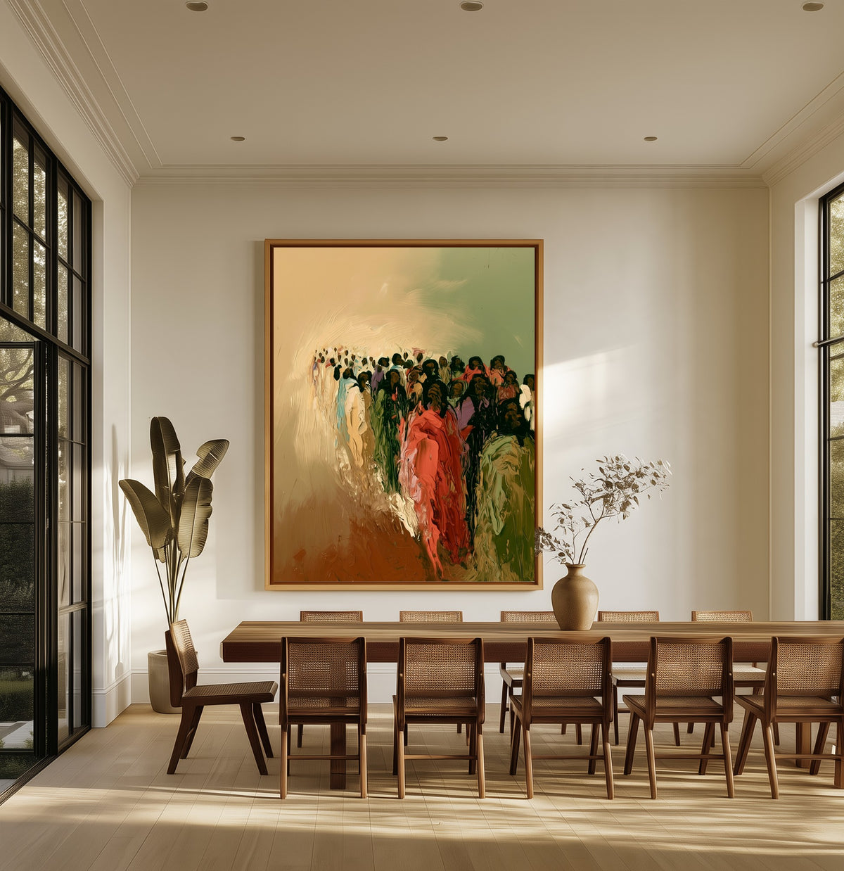 The Great Migration canvas above an oak dining table