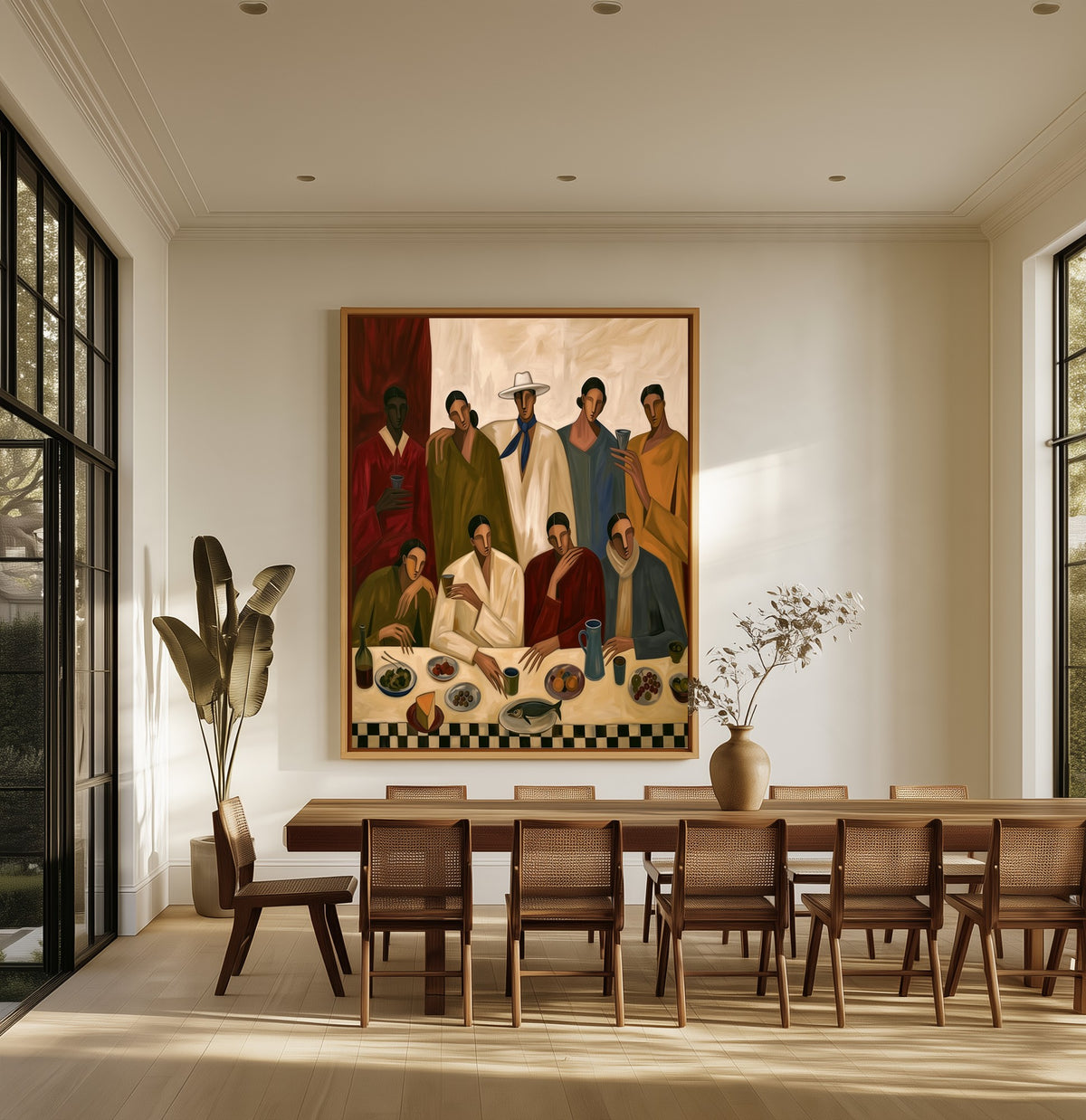 The Supper Guests canvas above an oak dining table