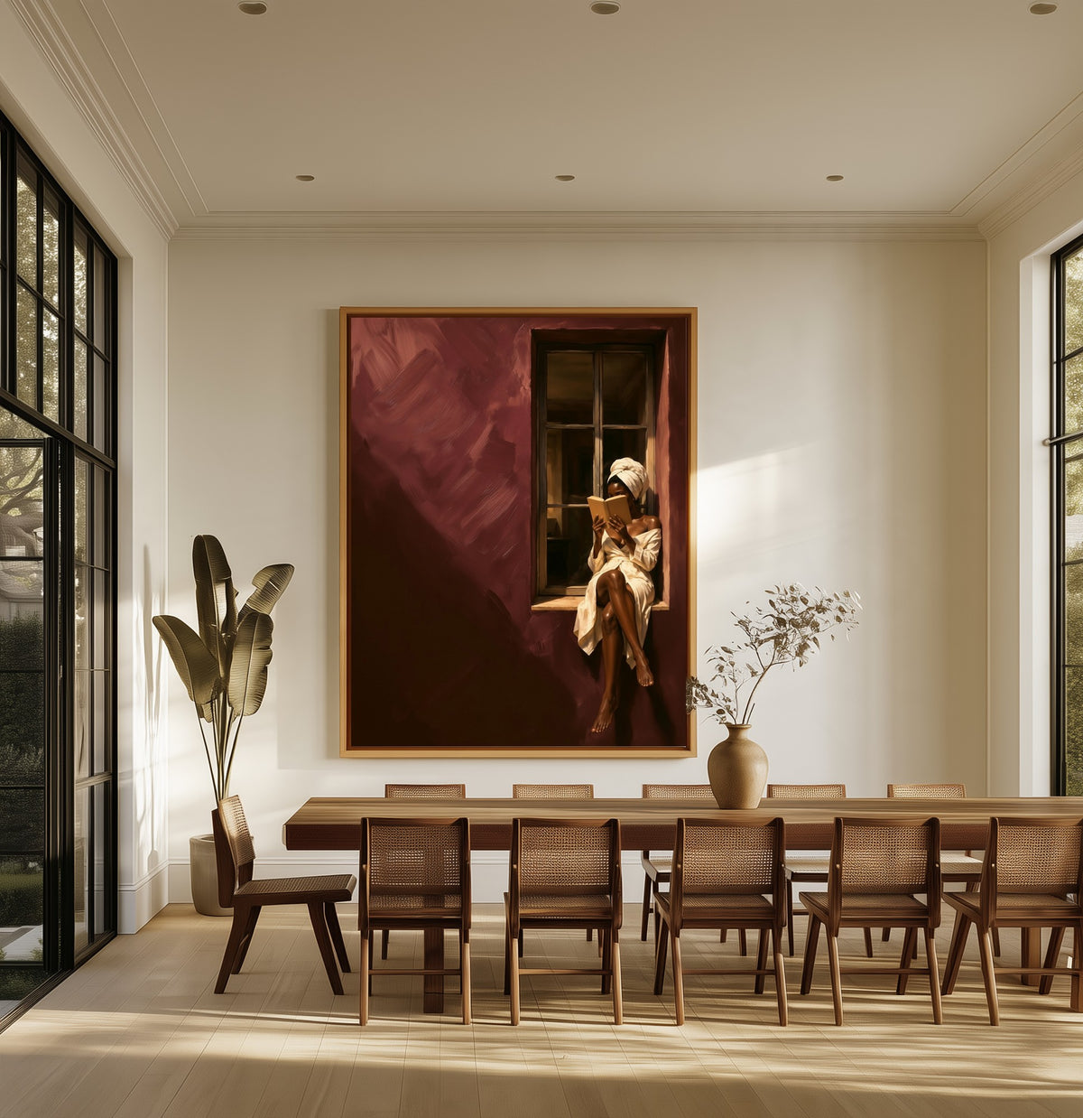 Reader in Burgundy canvas above an oak dining table