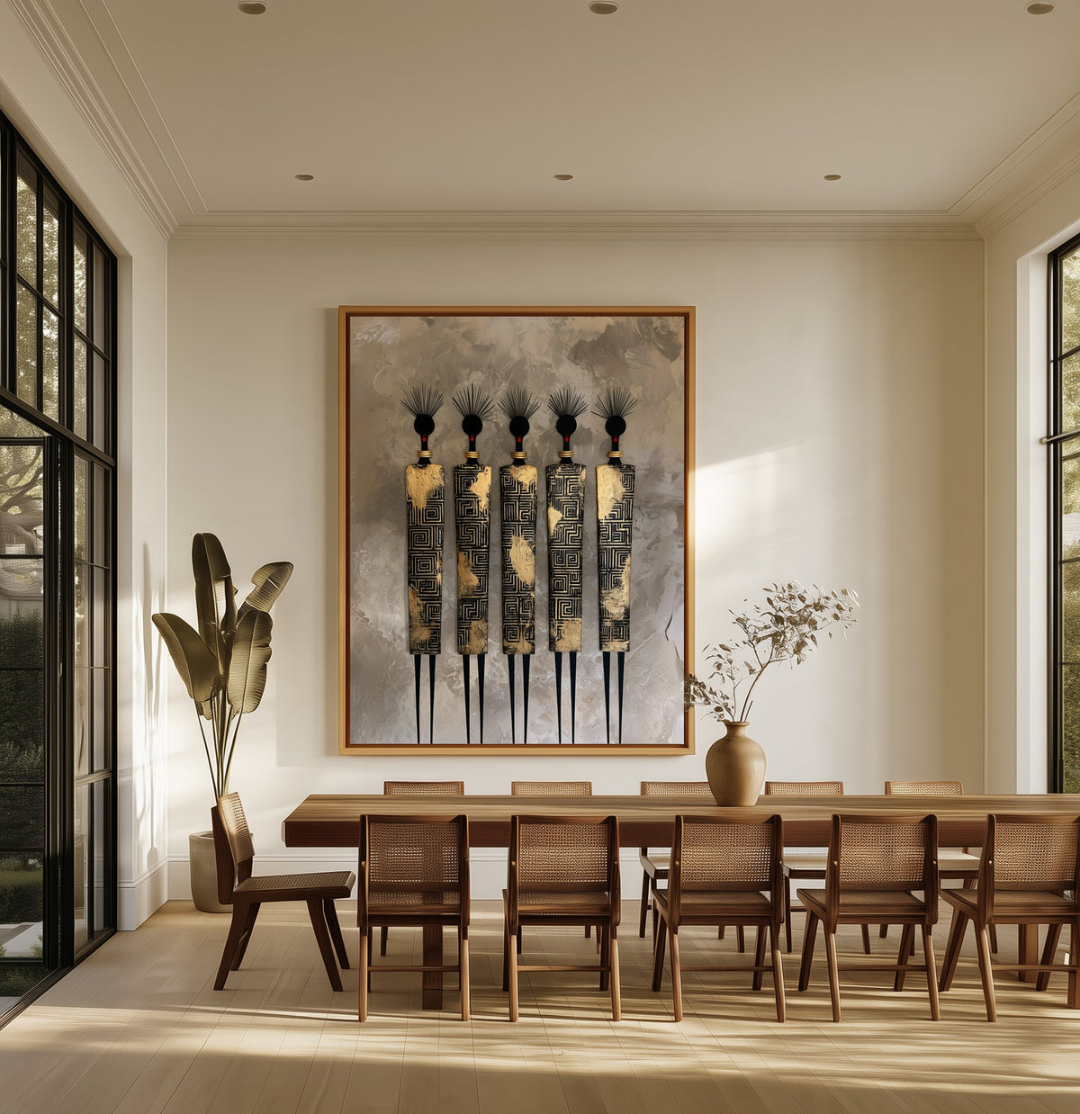 Five Sentinels canvas above an oak dining table