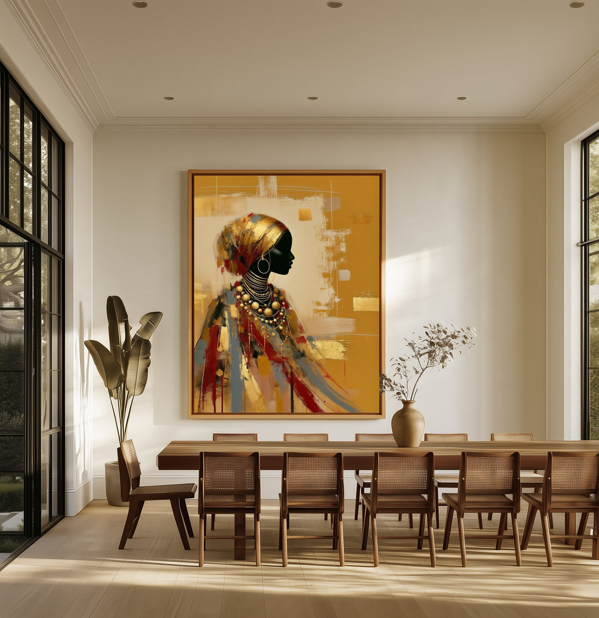 Gilded Memory canvas above an oak dining table
