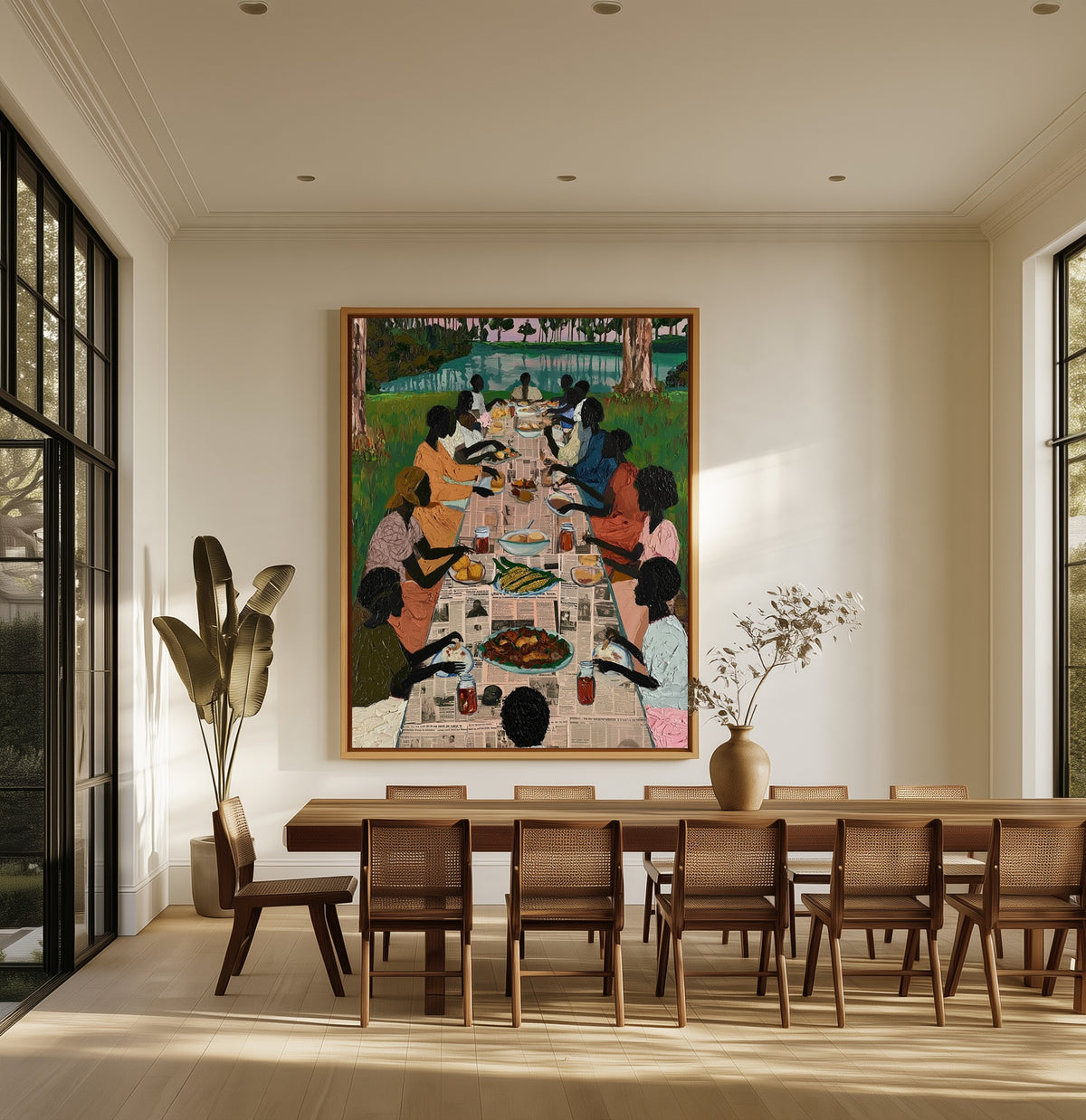 Sunday by the Water canvas above an oak dining table