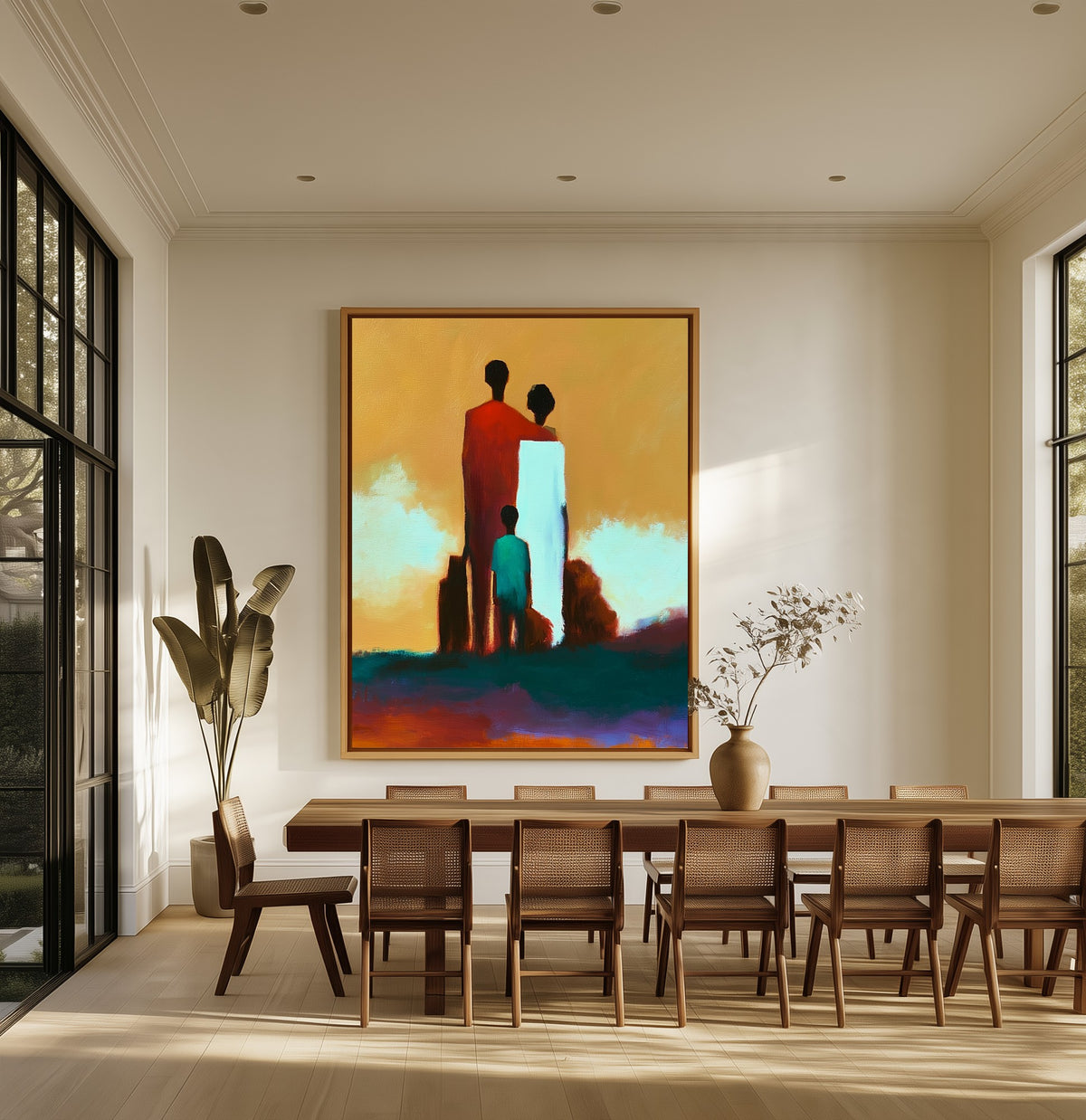 Homecoming canvas above an oak dining table
