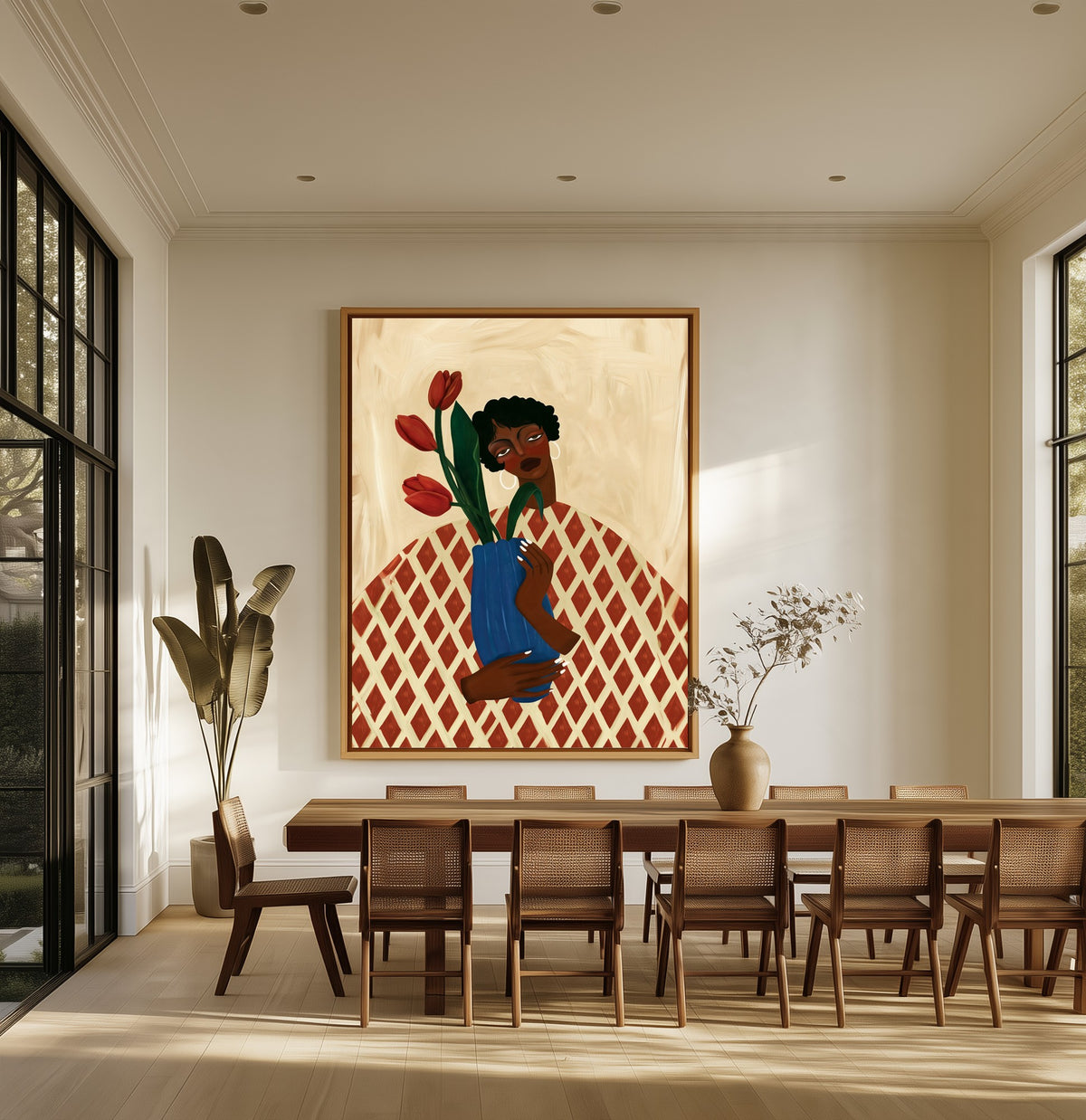 Tulip Hour canvas above an oak dining table