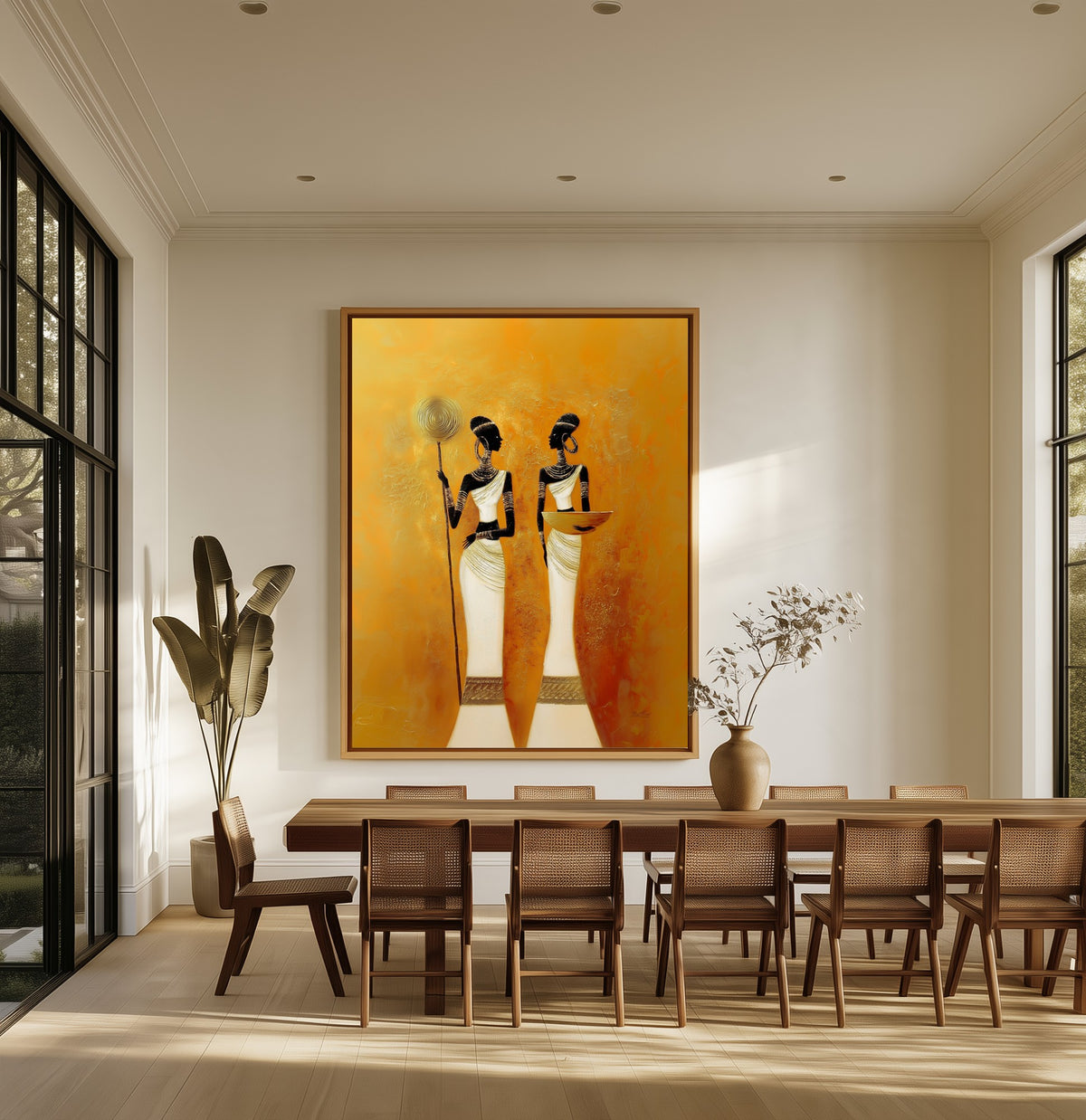 Twin Vigil canvas above an oak dining table