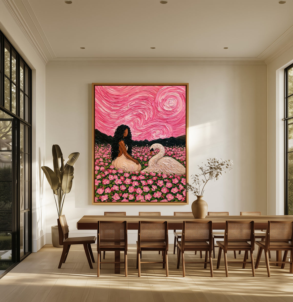 Swan Reverie canvas above an oak dining table