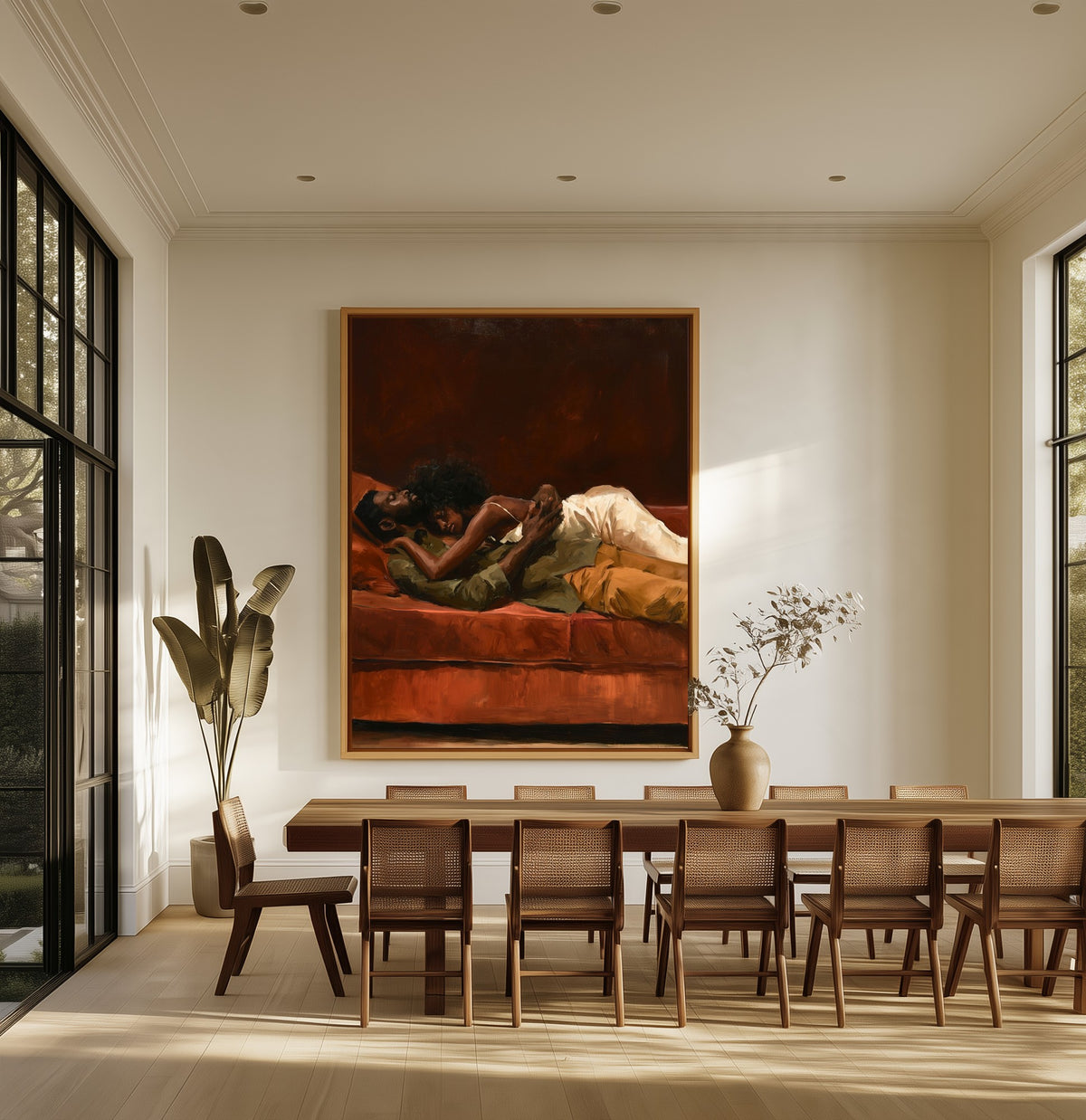 Slow Afternoon canvas above an oak dining table