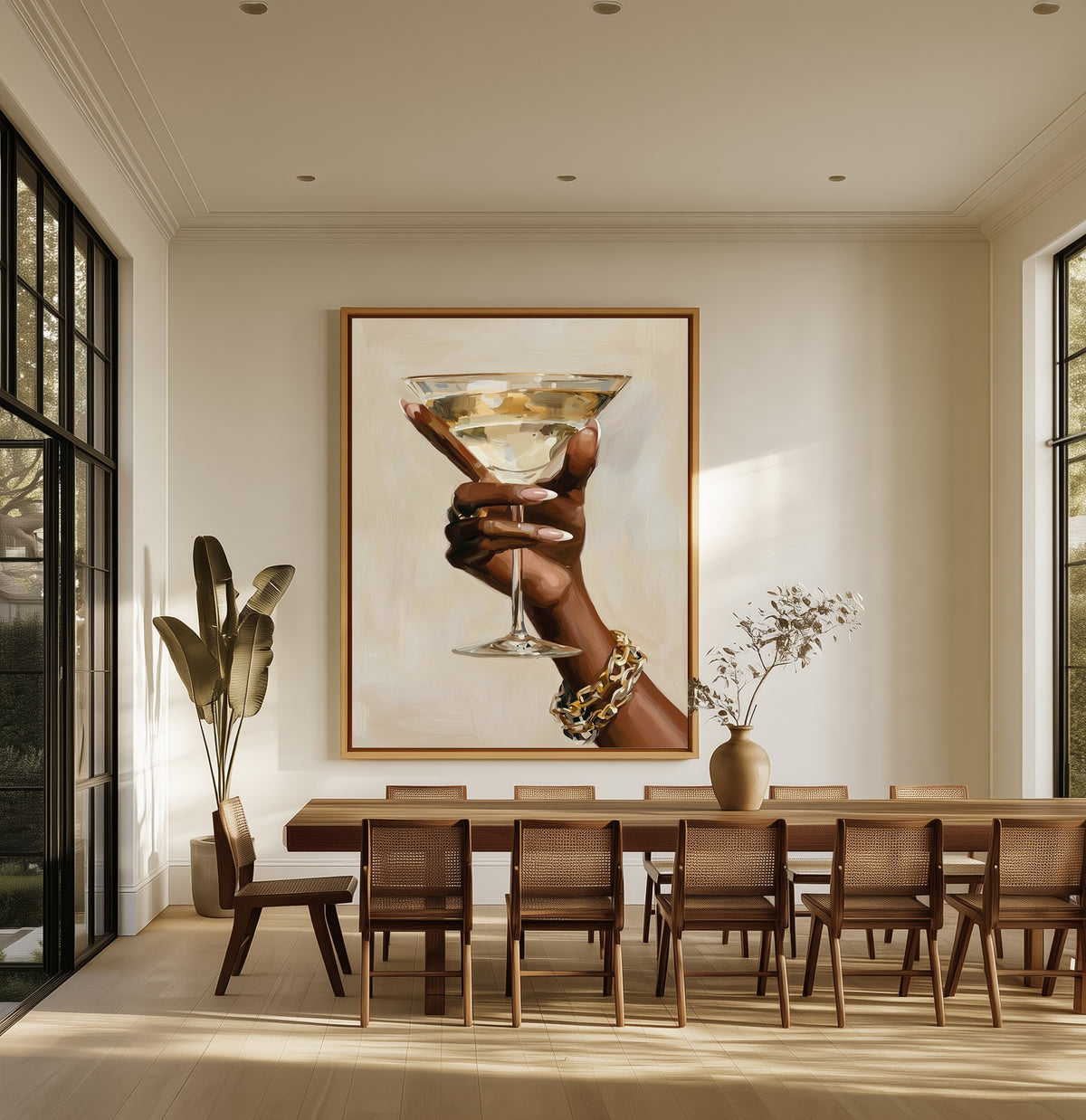 One Last Glass canvas above an oak dining table