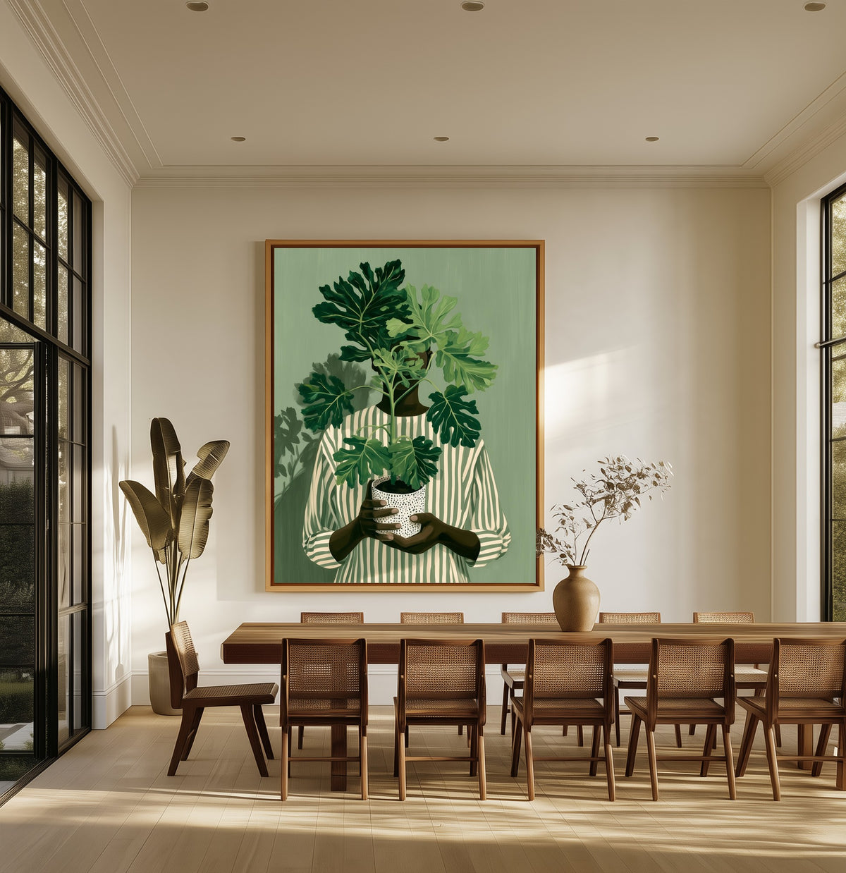 Quiet Growth canvas above an oak dining table