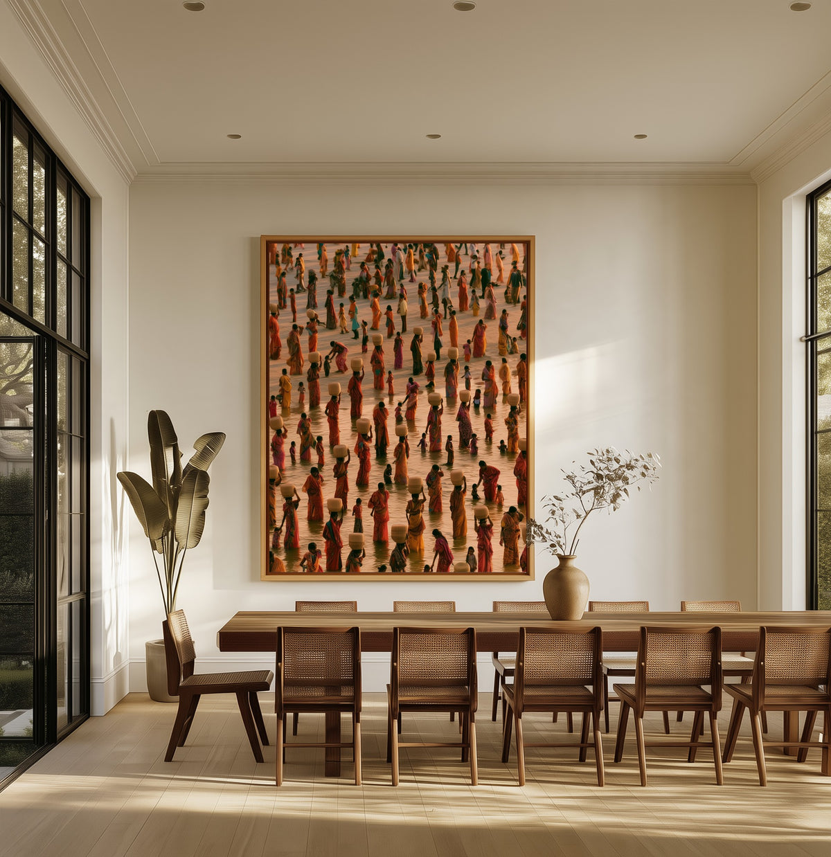 The Water Carriers canvas above an oak dining table