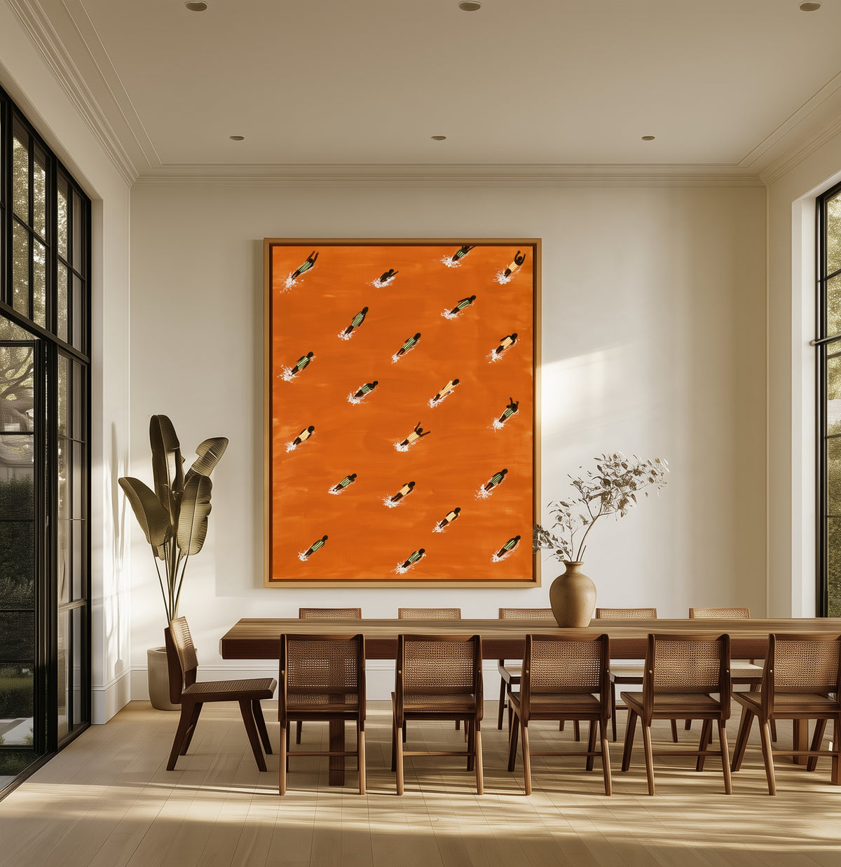 Tangerine Current canvas above an oak dining table