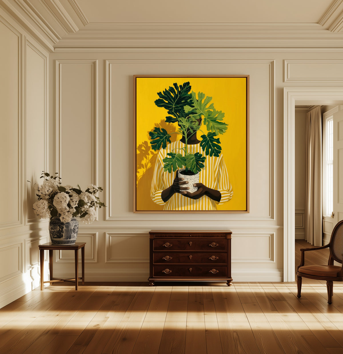 Leaf and Light canvas above a dark wood chest in a hallway