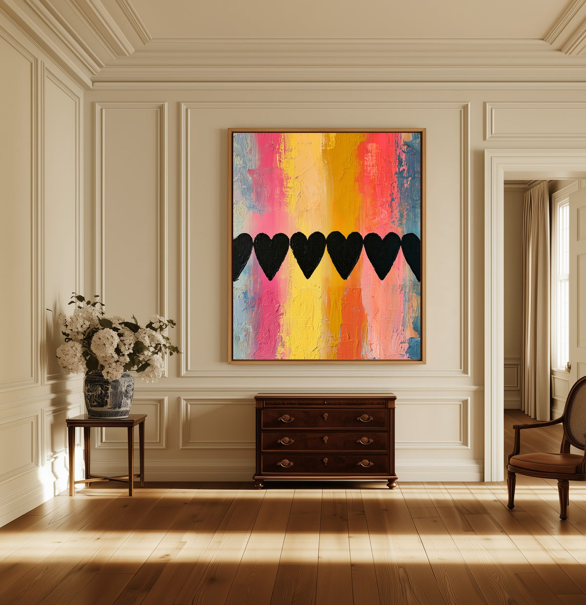 Hearts in Line canvas above a dark wood chest in a hallway