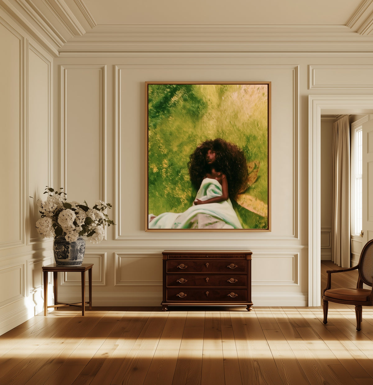 Girl in the Meadow canvas above a dark wood chest in a hallway