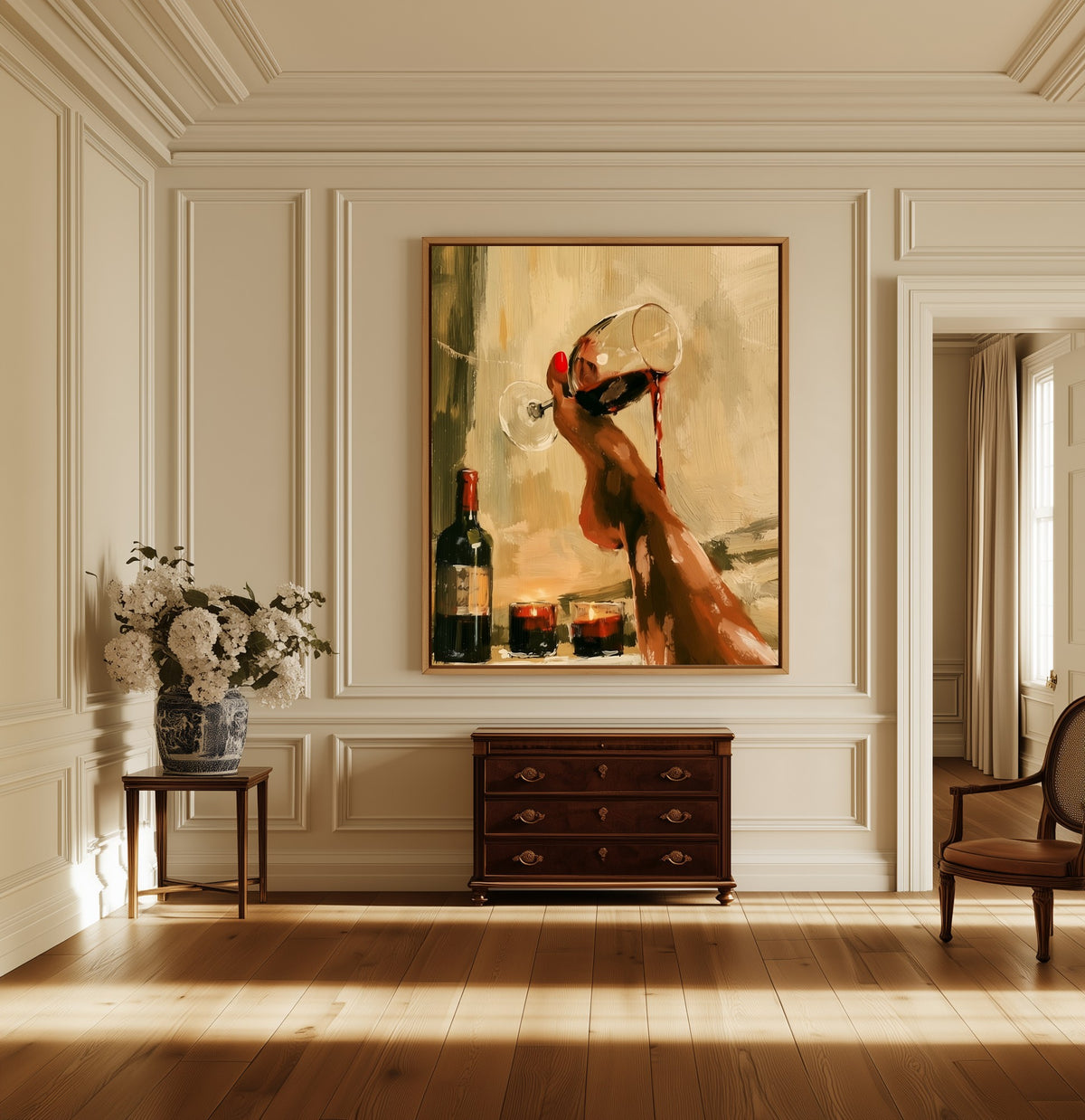 The Pour canvas above a dark wood chest in a hallway