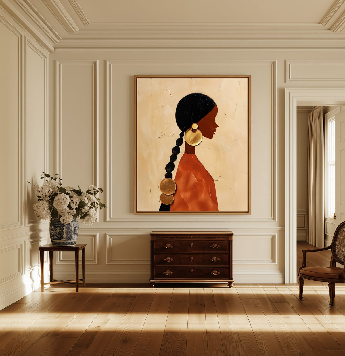 Woman with Gold Discs canvas above a dark wood chest in a hallway