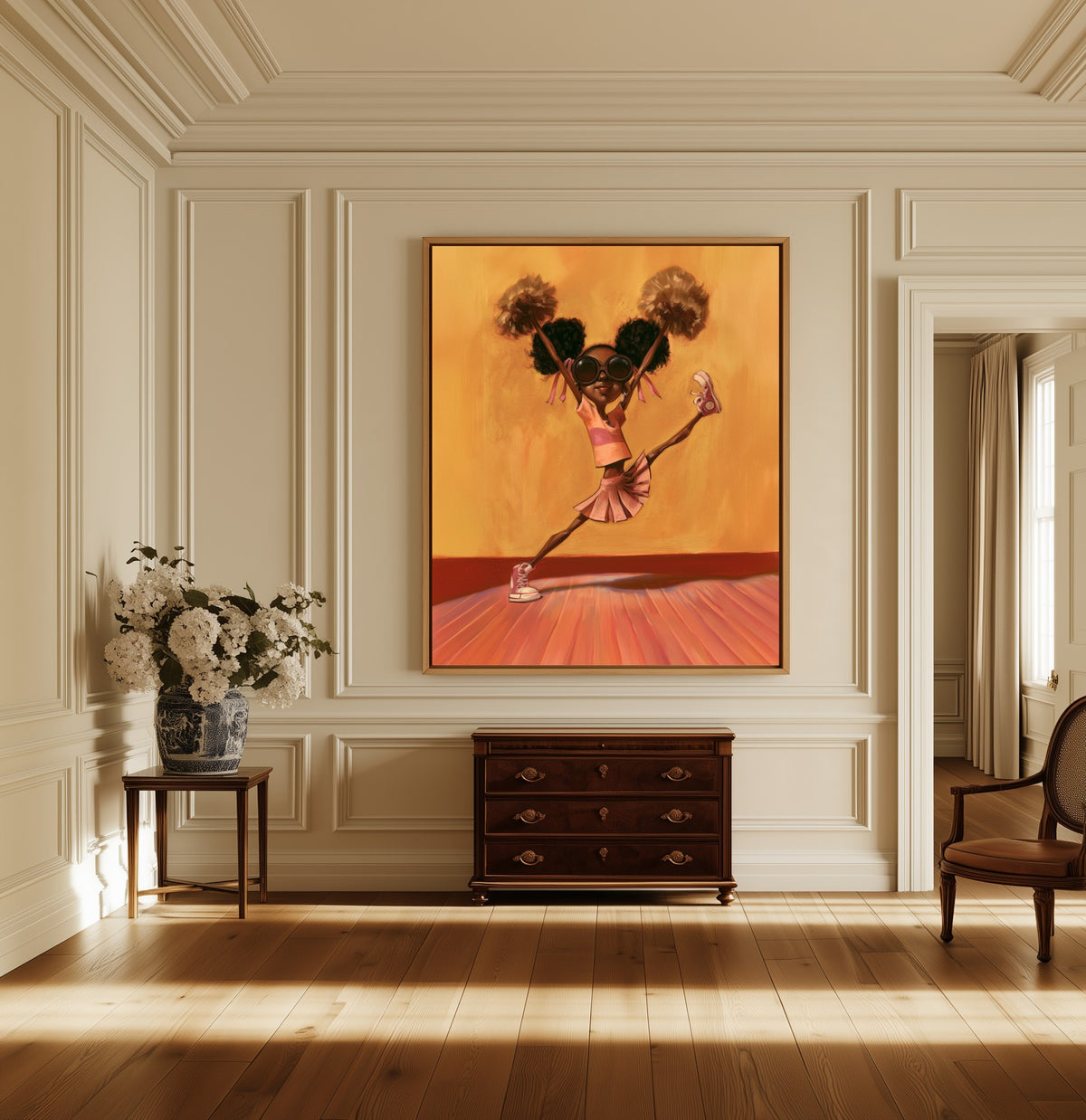 First Leap canvas above a dark wood chest in a hallway