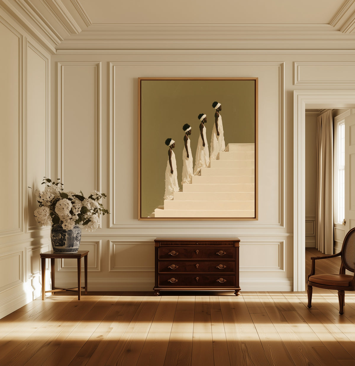 The Ascent canvas above a dark wood chest in a hallway