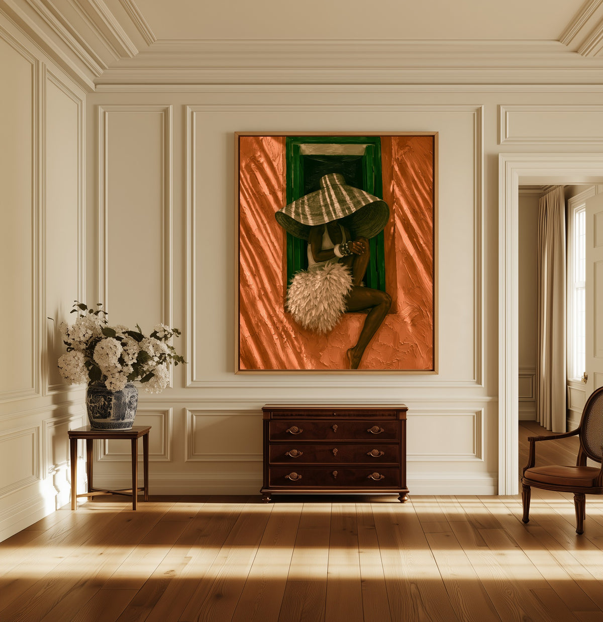 Woman at the Window canvas above a dark wood chest in a hallway
