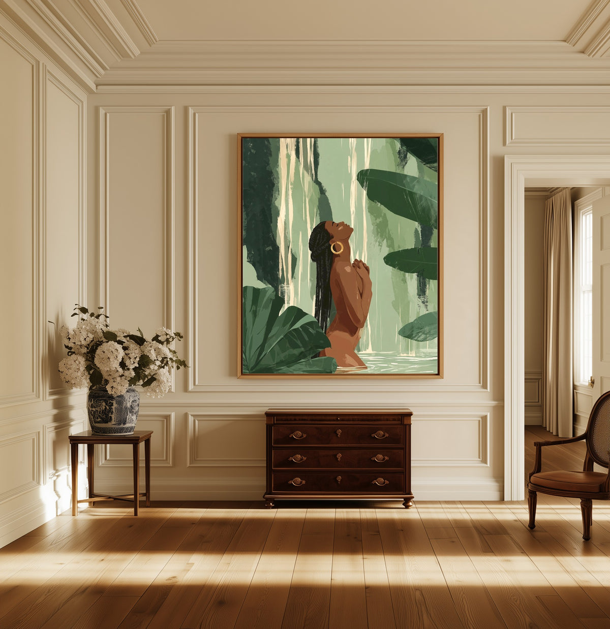 Falling Water canvas above a dark wood chest in a hallway