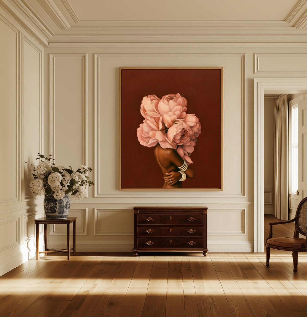 In Full Bloom canvas above a dark wood chest in a hallway